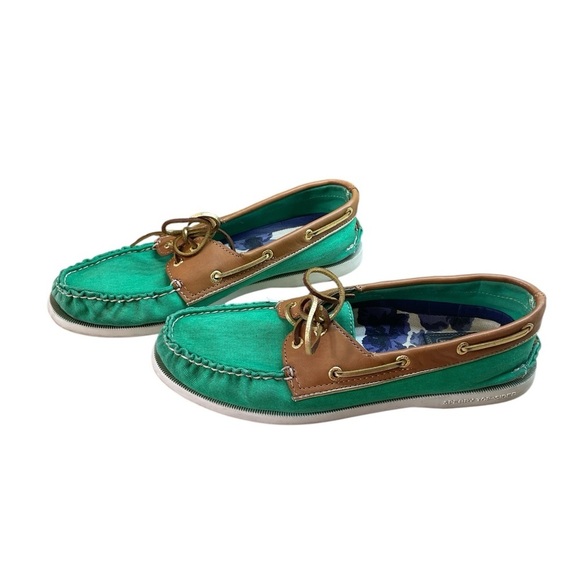 Milly for Sperry Top-Sider Green Canvas & Tan Leather Boat Shoes Sz 9 Slip-On - Picture 1 of 15
